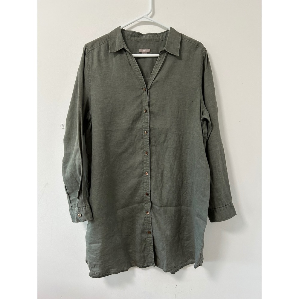 J. Jill Linen Button Down Tunic Women Large Olive Green Lagenlook Top
